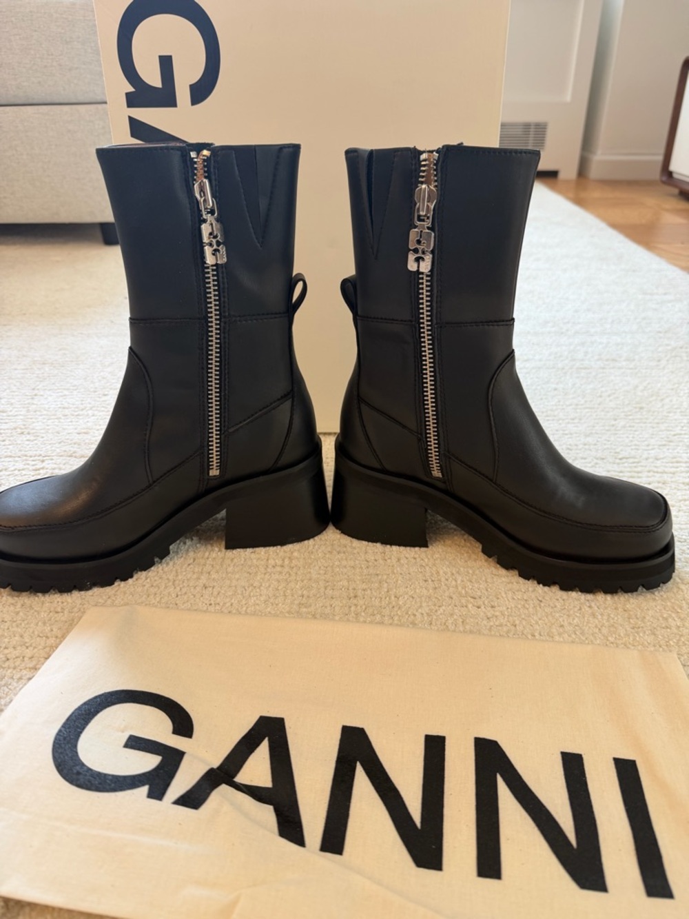 Ganni Black Leather Lug Sole Zip Lace-Up Boots